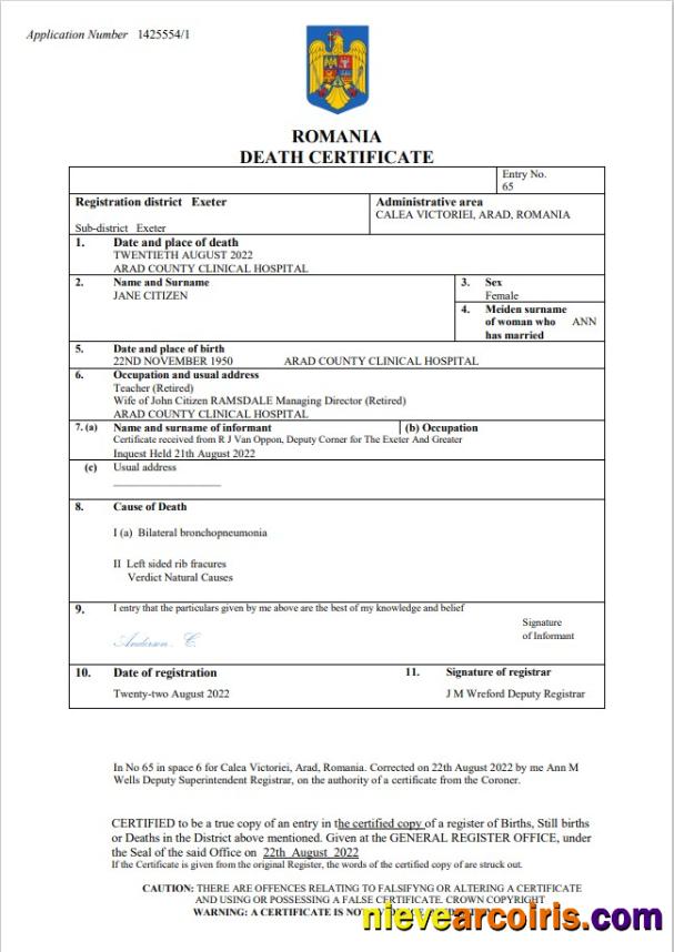 Romania vital record death certificate